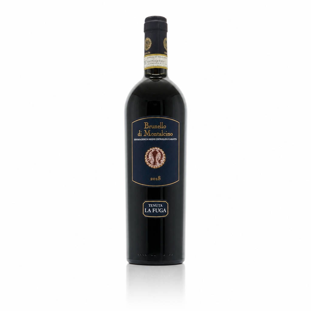 Brunello di Montalcino 2018, Tenuta La Fuga, dunkle Flasche mit goldenem Siegel.