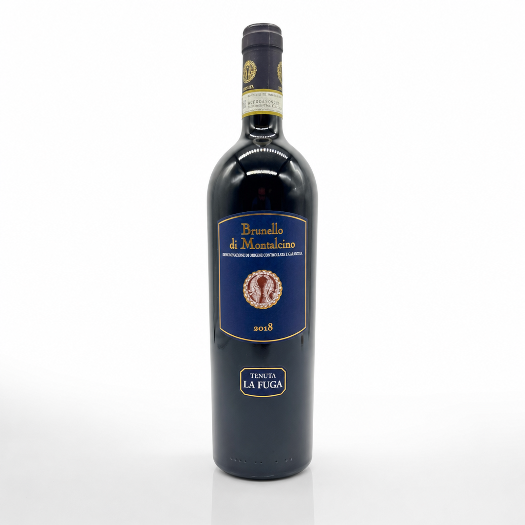 Brunello di Montalcino 2018, Tenuta La Fuga, dunkle Flasche mit goldenem Siegel.